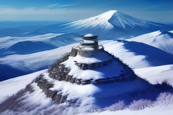 一路向西川藏线自驾旅行者站在折多山垭口，背景是连绵雪山与经幡，表情坚毅充满成就感